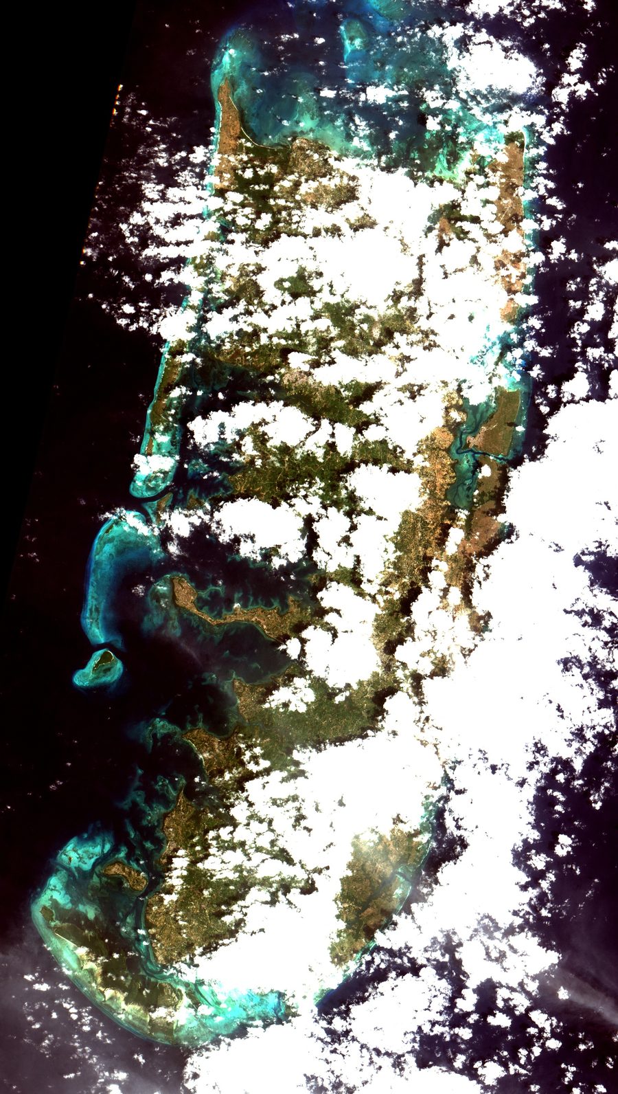 Vue aérienne du sud de l’île de Pemba, en Tanzanie, avec des mangroves, des eaux peu profondes et l’océan Indien.