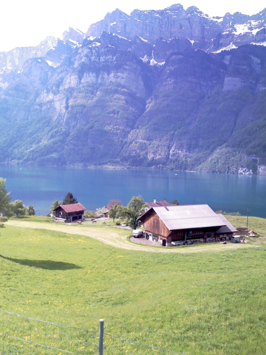 Vue sur le lac de Walen à Unterterzen avec les montagnes en arrière-plan.