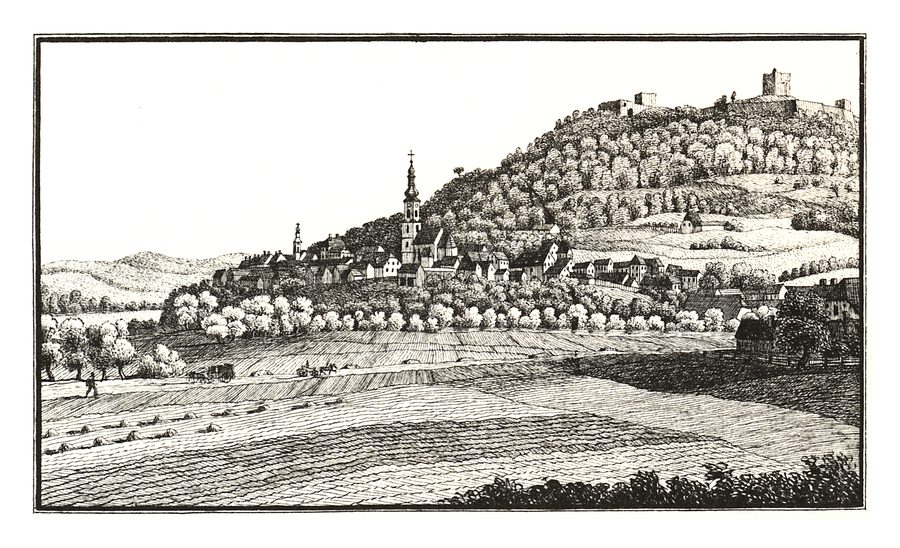 Vue historique de Wildon avec la ruine d’Oberwildon sur le Schlossberg
