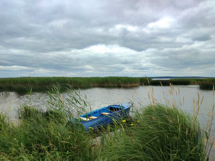 Bateau bleu sur la rive du lac Dryviaty dans le parc national des lacs de Braslav