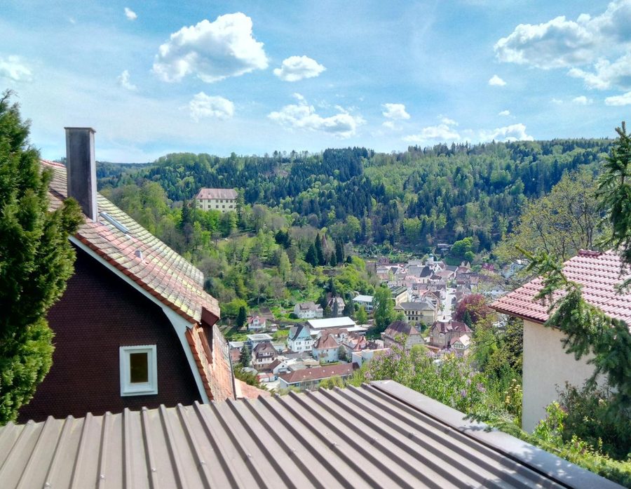 Vue plongeante sur le centre de Neuenbürg avec le château et le méandre de l’Enz
