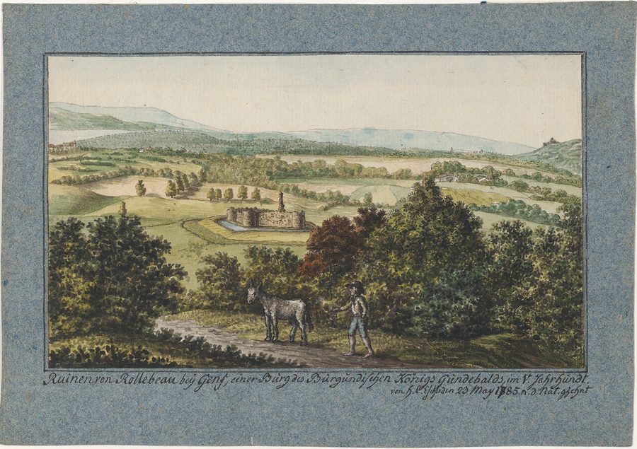 Représentation historique des ruines du Château de Rouelbeau dans les marais de Meinier