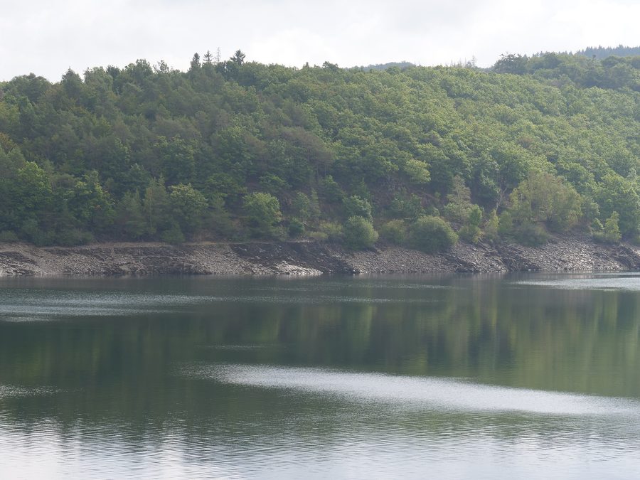 Vue sur le barrage de la Rur depuis le sentier sur la rive nord à Simmerath