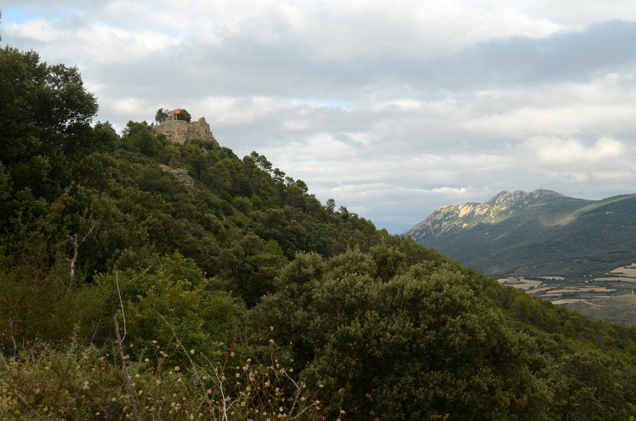 Château de San Esteban de Deyo au sommet du mont Monjardín, avec Montejurra à l'arrière-plan