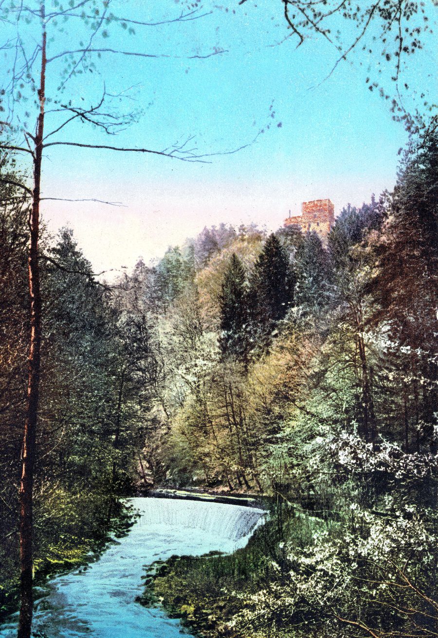 Château de Deutschlandsberg au-dessus de la Laßnitz, avec tour et aile latérale sur le versant boisé