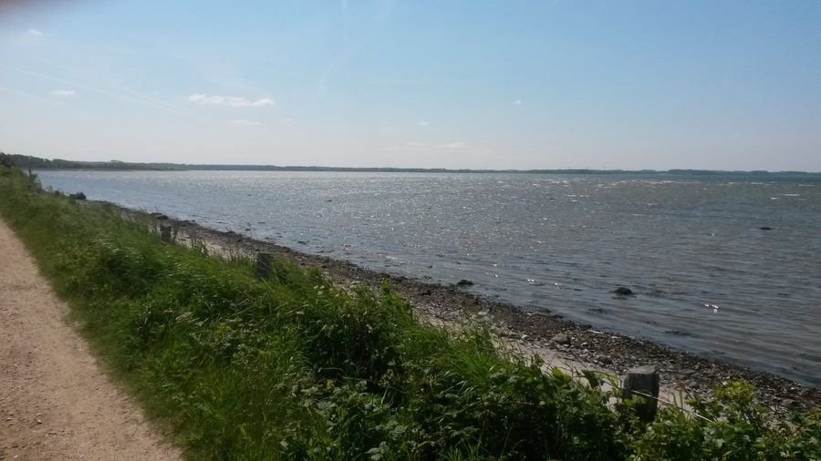 Vue sur la baie de Gelting avec la mer Baltique, un paysage côtier verdoyant et des prairies